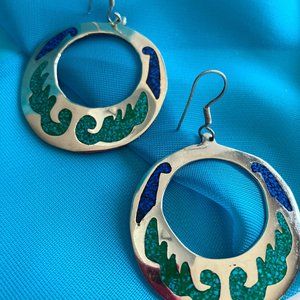 Vintage Alpaca Mexico Sterling Silver Hoop Earrings with Stone Inlay